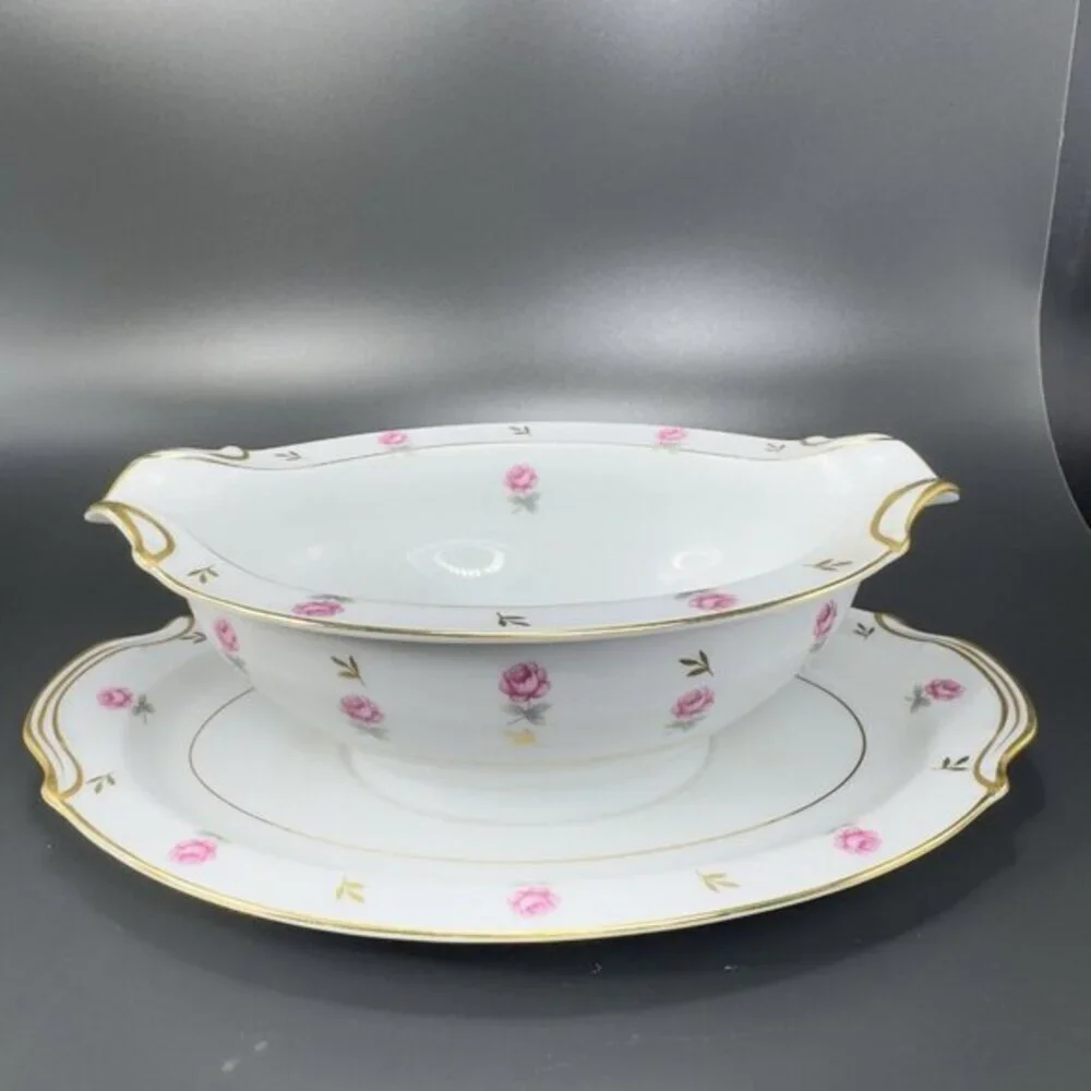 Noritake Rosalie Gravy Boat with Attached UnderPlate Sauce‎ Dish Porcelain Japan